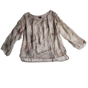 Amanti Beige Tan Sheer Floral Long Sleeve Tunic Blouse Sz L